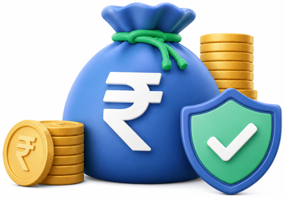 A money bag marked with a rupee sign, stacks of gold coins and a shield carrying a tick